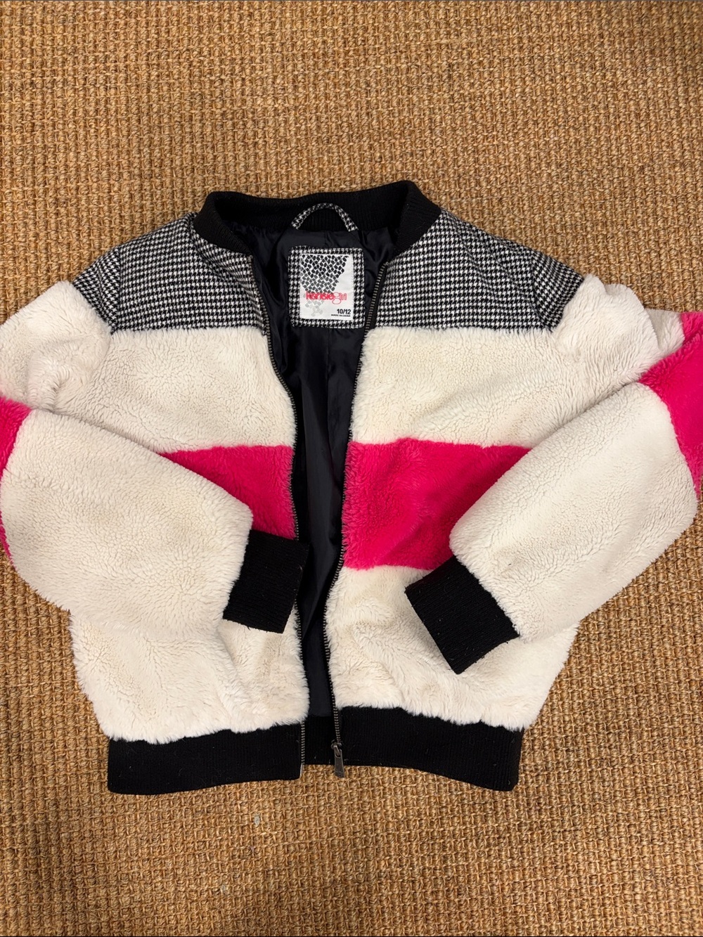 Kensie Girl Cream & Hot Pink Fuzzy Bomber Jacket